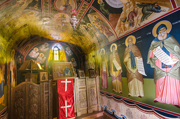 istock Inside ancient old church in Greek monastery at Meteora 186250654
