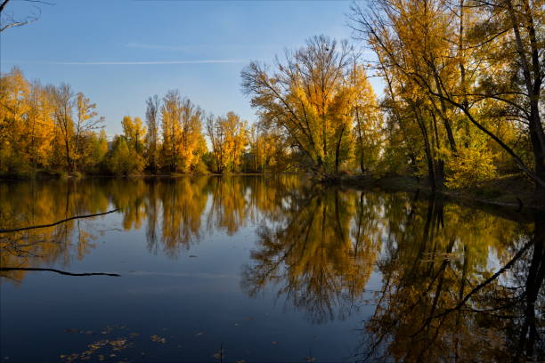 Russia. South of Western Siberia, Kuzbass. A windless sunny evening at the Pritomsky quarries of Novokuznetsk in the middle of autumn.