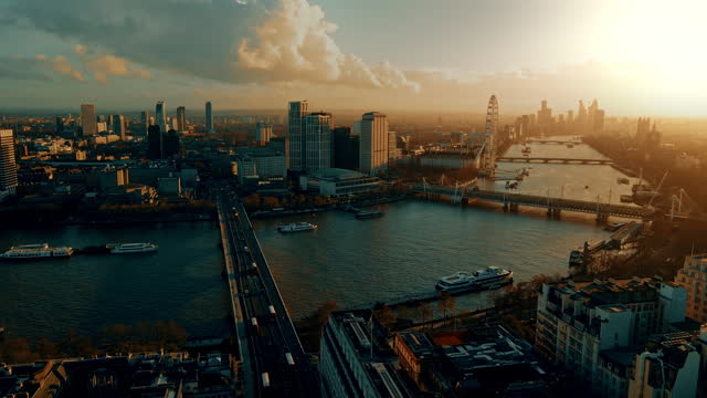 Drone point of view Thames River and sunny cityscape,London
