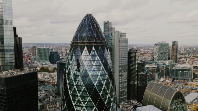 Drone point of view The Gherkin building and cityscape,London