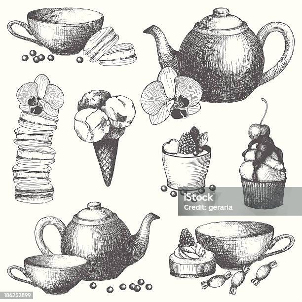 Vektorsatz Von Vintage Süßen Kuchen Süßigkeiten Und Teekanne Stock Vektor Art und mehr Bilder von Teekanne