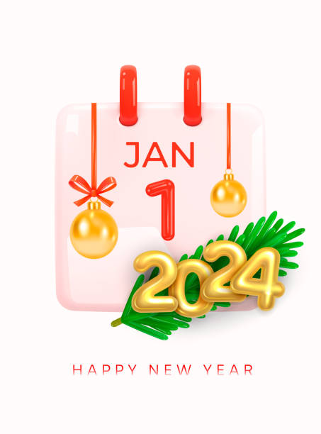 Happy New Year, January 1, 2024. 1st day of New Year. Daily calendar with date January 1, 2024, gold, red numbers, Christmas balls, fir sprig. Calendar Icon on white background. 3d Vector illustration vector art illustration