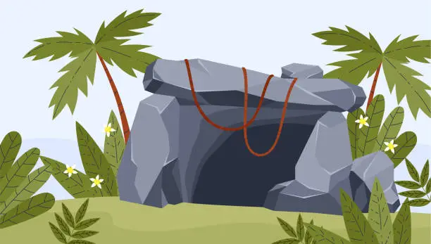 Vector illustration of Stone cave in the jungle. Vector illustration in cartoon flat style.