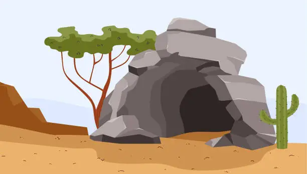 Vector illustration of Stone cave in a desert. Vector illustration in cartoon flat style.