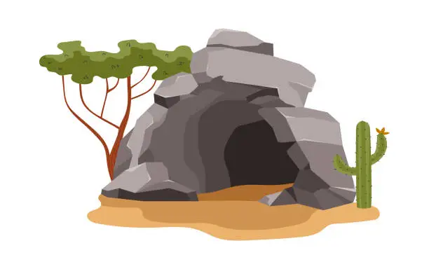 Vector illustration of Stone cave entrance around cactus and dessert tree flat style