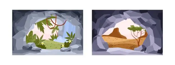 Vector illustration of View from stone caves entrance. Vector illustration in cartoon flat.