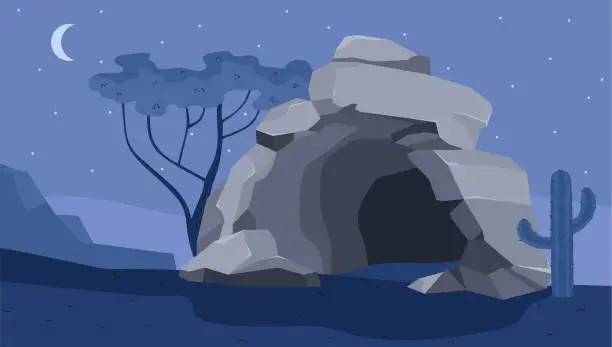 Vector illustration of Cave in a desert at night. Vector illustration in cartoon flat style.