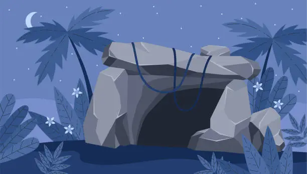 Vector illustration of Night landscape with stone cave entrance flat style