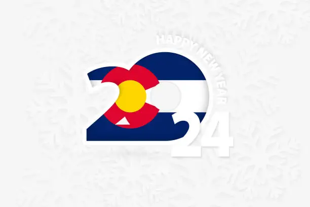 Vector illustration of New Year 2024 for Colorado on snowflake background.