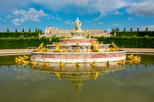 Versailles, France - May 2019: Latona fountain in Versailles gardens