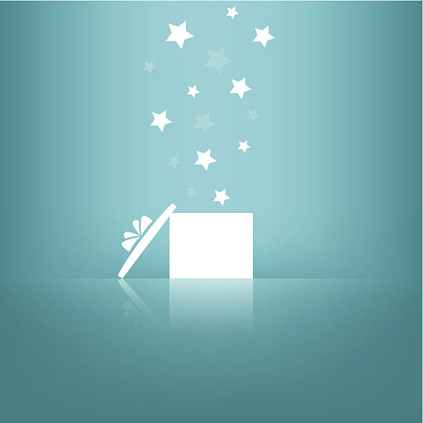 Caixa de presente branca com estrelas no fundo azul. - ilustração de arte vetorial