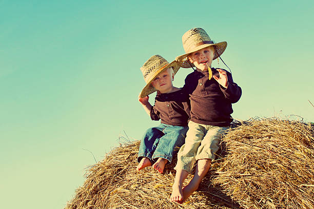 Two children, a young boy and his baby brother are sitting outside on hay bales, wearing straw hats on a sunny Autumn day. Room for Text, Copy Space, Vintage color style.