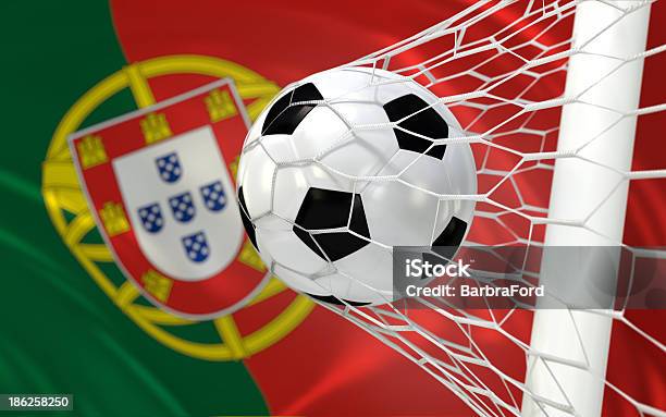 Portugal Waving Flag And Soccer Ball In Goal Net Stock Photo - Download Image Now - Color Image, Colors, Cup