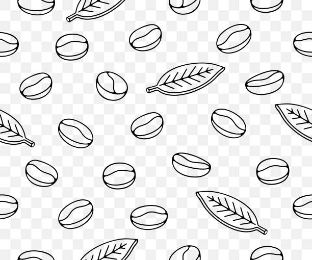 ilustraciones, imágenes clip art, dibujos animados e iconos de stock de granos de café con hoja y planta, fondo y patrón vectorial sin fisuras. comida, bebida caliente, bebida, cafés, cafetería y cafetería, diseño vectorial e ilustración - coffee bean coffee crop heap backgrounds