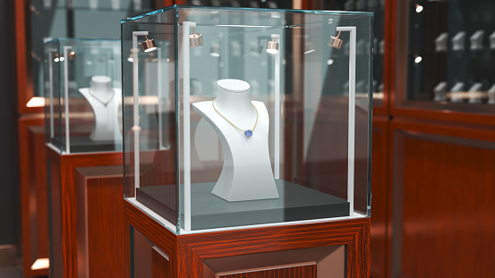 Wooden jewelry display cases with lighting in luxury jewelry shop. 3d illustration