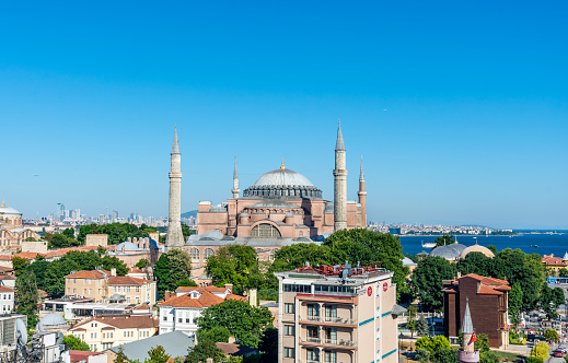 Istanbul, Turkey - July 15, 2023: View of Hagia Sophia and Minarets from Hotel's Rooftop 360 View of the City Restaurant