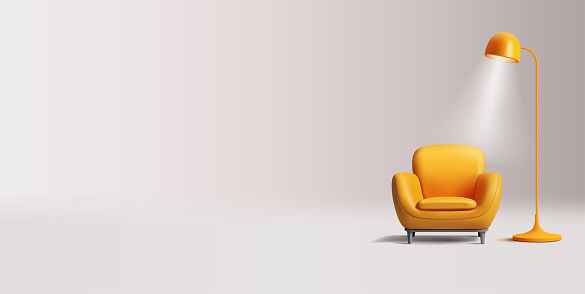 3d render illustration of armchair with lamp and ray of lights in a room, yellow interior modern design