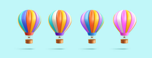 バスケット3dレンダリングイラスト付き熱気球、異なる色のエアロスタットのセット、ソフトレンダリング漫画グラフィック - ballooning festival点のイラスト素材／クリップアート素材／マンガ素材／アイコン素材