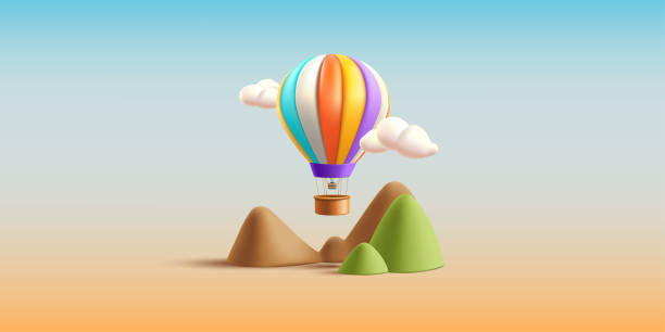 バスケット付きの熱気球 3d レンダリング 雲のある空の山の上を飛ぶイラスト、レンダ��リング構成 - ballooning festival点のイラスト素材／クリップアート素材／マンガ素材／アイコン素材