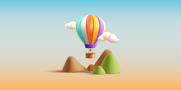 Hot Air Balloon with basket 3d render illustration flying above the mountains in the sky with clouds, render cartoon composition