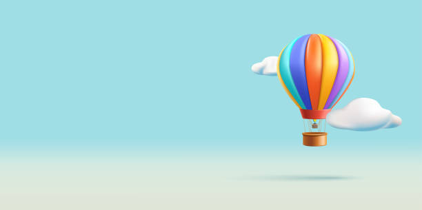 istock Hot Air Balloon with basket 3d render illustration flying in the sky in clouds, render composition 1862601303
