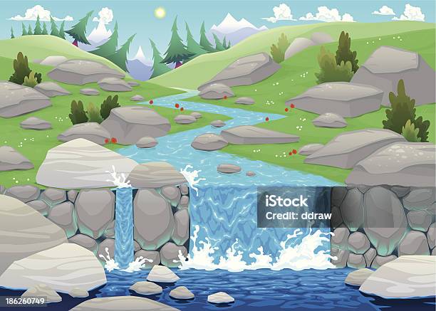 Mountain Landscape With River Stock Illustration - Download Image Now - Waterfall, Cartoon, Color Image