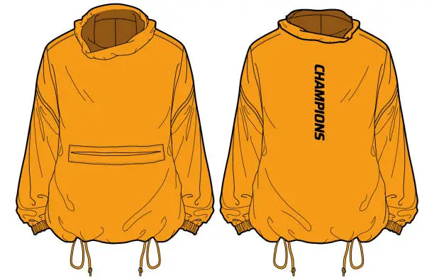 Vector illustration of Overhead cagoule Hoodie jacket design flat sketch Illustration, , Hooded windbreaker jacket with front and back view, Windcheater winter jacket for Men and women. for hiker, outerwear in winter