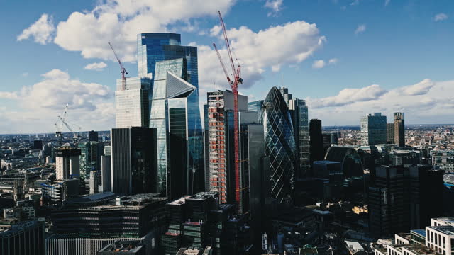 Drone point of view highrise buildings in sunny London cityscape