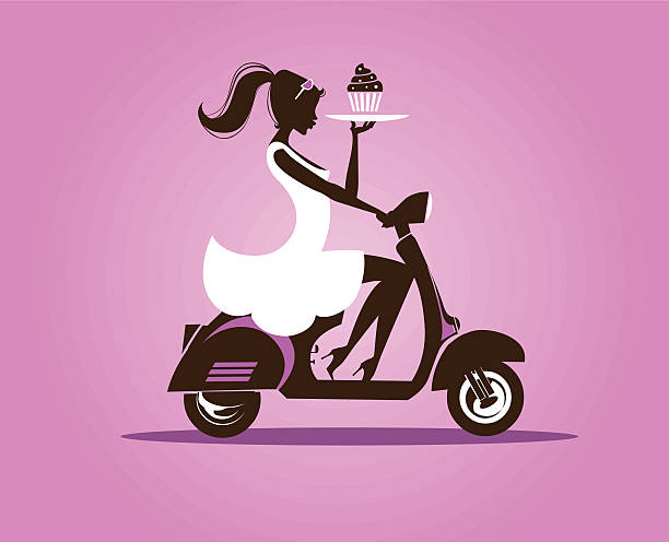 illustrations, cliparts, dessins animés et icônes de vespa fille tenant un cupcake - moped