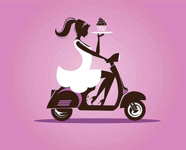 ilustrações de stock, clip art, desenhos animados e ícones de vespa menina segurando um bolinho - vespa scooter