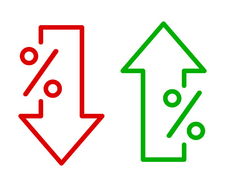 Down arrow with up arrow percent icon, percent arrow up and down line symbols collection, percentage growth and decline signs - vector
