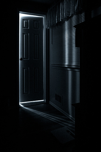 Very bright light from the adjacent room pushes around the edges of this slightly cracked interior door throwing patterns of dim light across the shadows on the floor, window blinds and wall of this dark bedroom. Perhaps the past is calling? Or the future beckons?