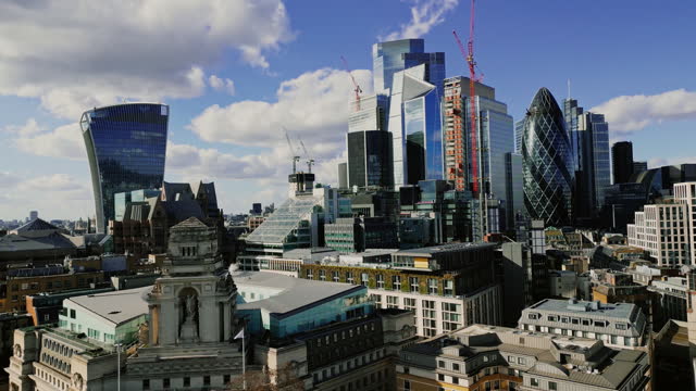 Drone point of view buildings in sunny London skyline