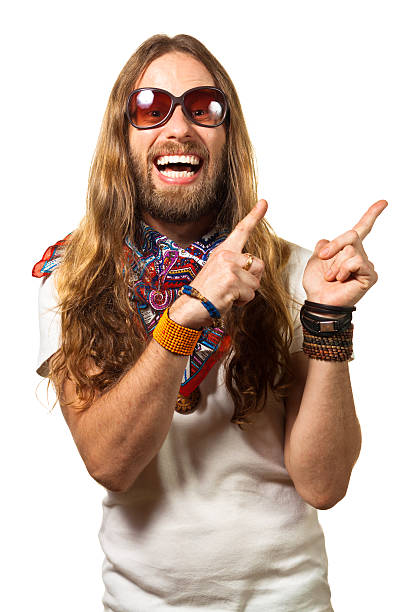 istock Happy and silly man pointing up at copy space. 186264405