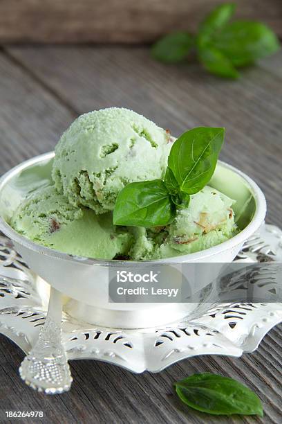 Green Ice Cream With Basil Mint And Nuts Stock Photo - Download Image Now - Basil, Ice Cream, Close-up