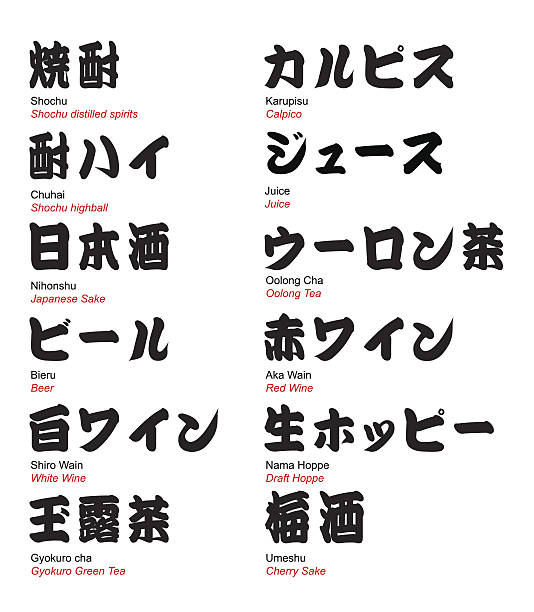 ilustraciones, imágenes clip art, dibujos animados e iconos de stock de bar japonés bebidas, kanji.  katakana con cepillo fuente - kanji japanese script food japan