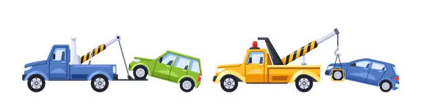 Vector illustration of Vector Tow Trucks with Improperly Parked Cars on Hook, Enforcing Order By Relocating Vehicles To The Penalty Area
