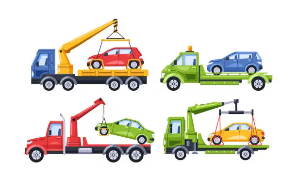 Vector illustration of Tow Trucks Haul Away Cars Parked Improperly, Enforcing Penalties. Vehicles Are Evacuated To The Penalty Area