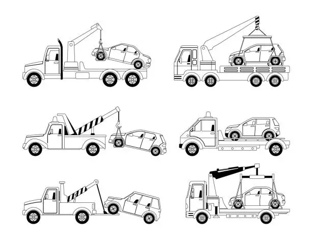 Vector illustration of Set Of Vector Linear Icons Of Tow Trucks Haul Away Cars From Improper Parking To The Penalty Area, Parking Regulations