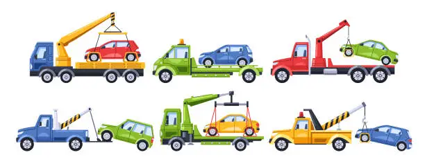Vector illustration of Tow Trucks Haul Away Cars From Improper Parking To The Penalty Area. Transporters With Clamped Vehicles, Vector Set