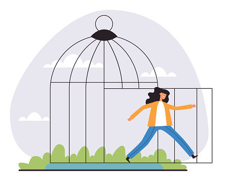 People escape from cage release concept. Vector flat graphic design