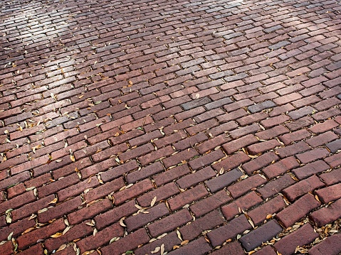 The undulations of red brick Church street in old town Charleston South Carolina.