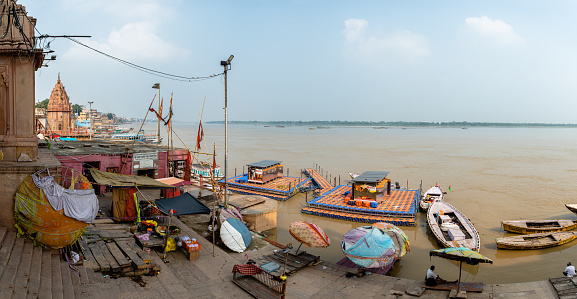 varanasi, india. 30th september, 2023: varanasi river bank view, where people comes to take a bath at ganges river bank