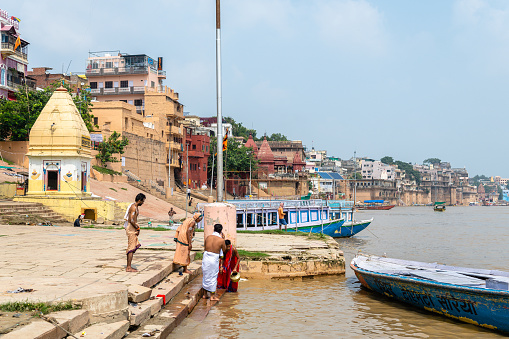varanasi, india. 30th september, 2023: varanasi river bank view, where people comes to take a bath at ganges river bank