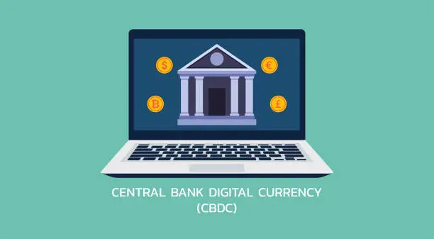 Vector illustration of CBDC and Digital Currency Transformations on Laptop