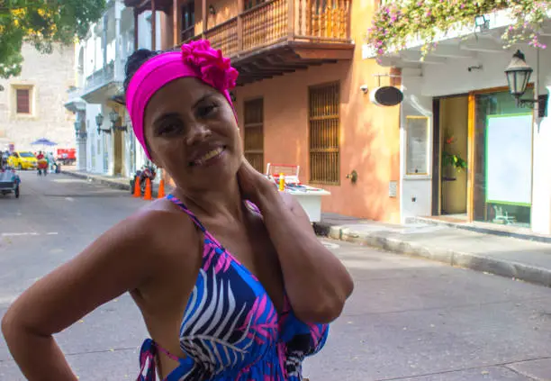 Woman Smiling in the street in Cartagena Colombia