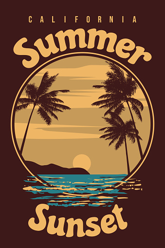 Retro Poster Summer sunset California. Tropical coast beach, palm, surf, ocean. Summer vacation holiday. Vector illustration vintage