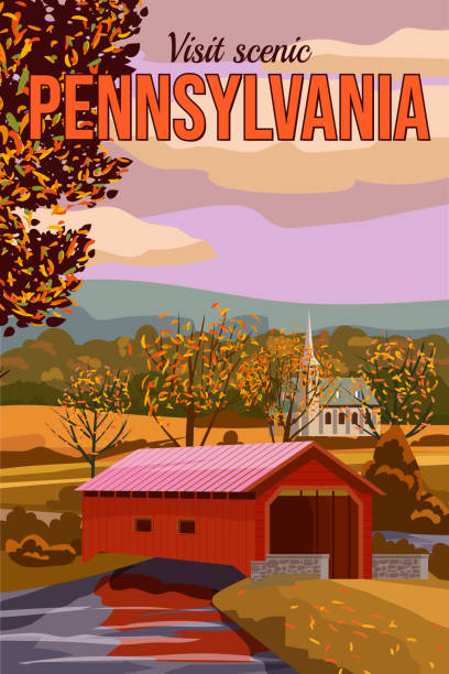 Pennsylvania covered bridge, USA Travel Poster, autumn rural landscape. Fall season countryside, vector illustration, postcard