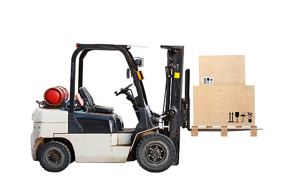 Standard small gas engine truck lift with cardboard cargo boxes isolated on white
