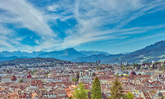 Lucerne, Switzerland, panoramic view of the city with the Alpine mountains in the background